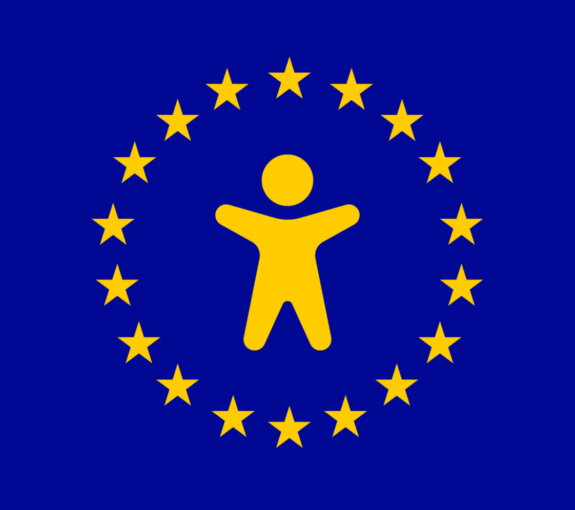 Yellow human figure surrounded by a circle of yellow stars on a blue background.